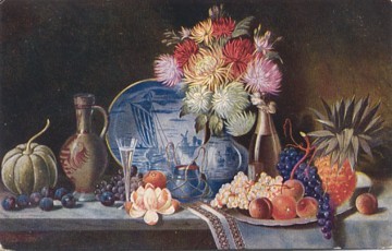 Featured is a postcard image depicting a food and wine theme in art ... also an example of still life art.  The original postcard is for sale in The unltd.com Store.